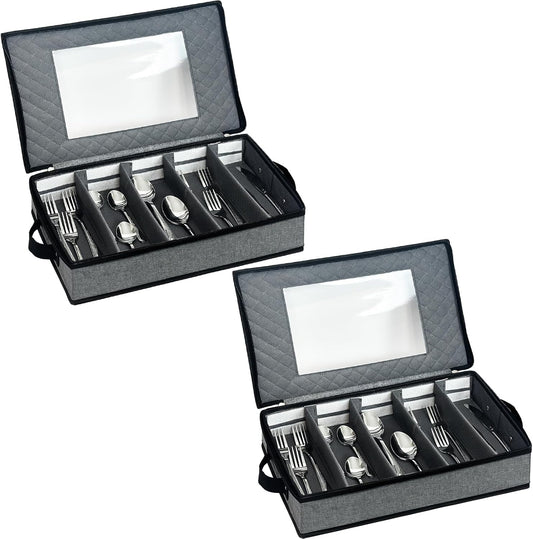 VERONLY 2 Pack Flatware Utensil Storage - Sturdy Silverware Storage Box with Dividers, 5 Compartment Flatware Storage Case with Handles and Removable Lid for Moving&Protected(Dark Gray)
