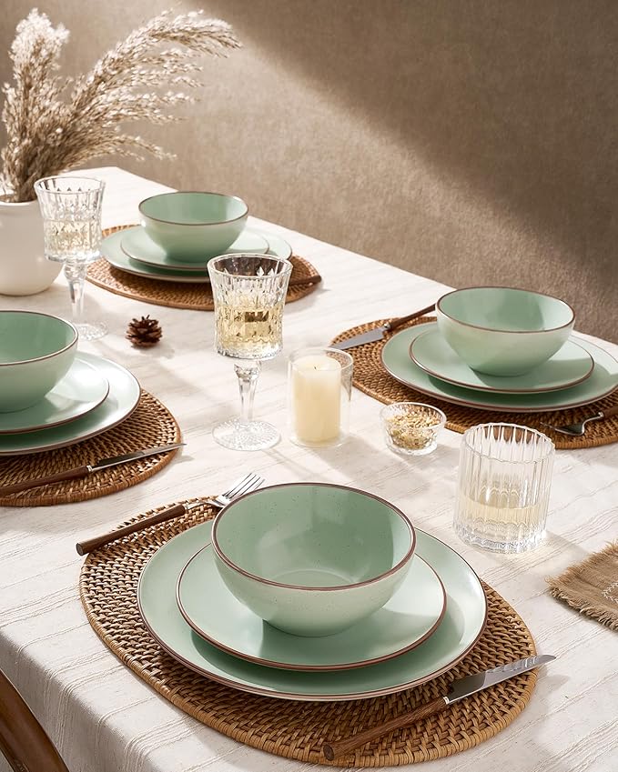 Famiware Venus Plates and Bowls Sets, 18 Pieces Stoneware Dinnerware Sets, Speckled Dishes Set for 6, Microwave and Dishwasher Safe, Matte Light Green