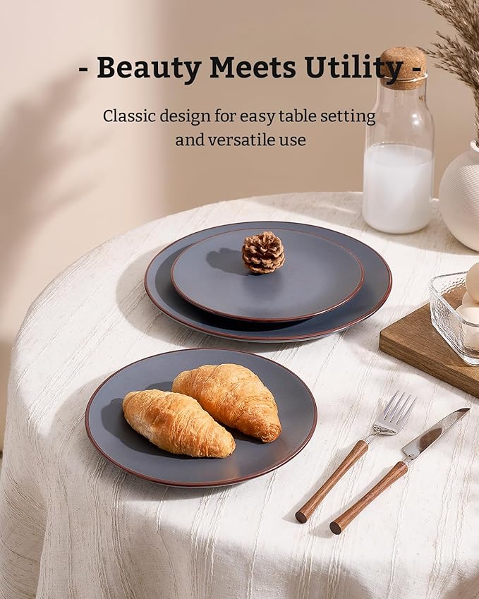 Famiware Venus Plates and Bowls Sets, 12 Pieces Stoneware Speckled Dinnerware Sets, Dishes Set for 4, Microwave and Dishwasher Safe, Matte Charcoal