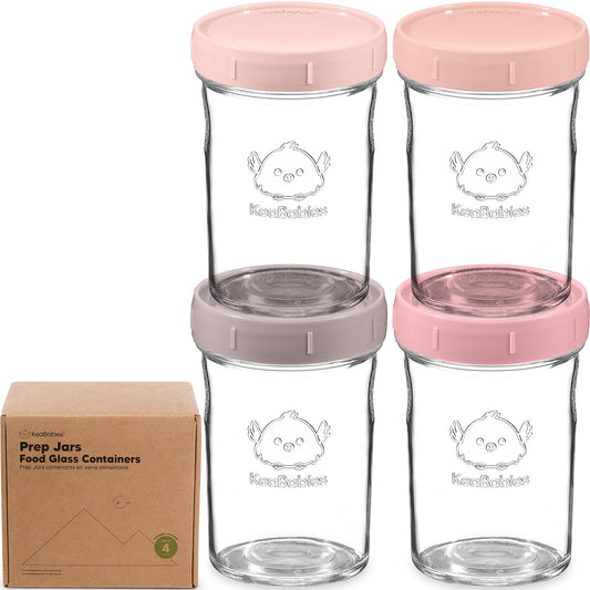 KeaBabies 4pk 8oz Glass Baby Food Containers with Lids - Leak-Proof, Microwavable Small Glass Jars, Baby Purees & Toddler Snack Storage Containers, BPA-Free, Dishwasher & Freezer Safe (Roseate)