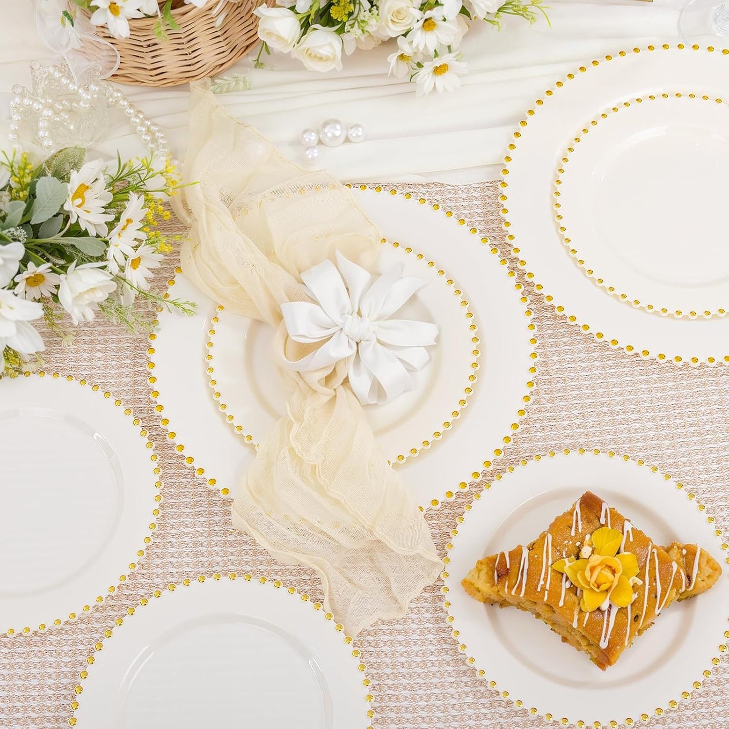 supernal 100pcs Ivory Plastic Plates with Gold Beads - Heavy Duty Elegant Disposable Plates Set Include 50 Cream Plastic Dinner Plate and 50 Dessert Plate Perfect for Wedding, Birthday & Party