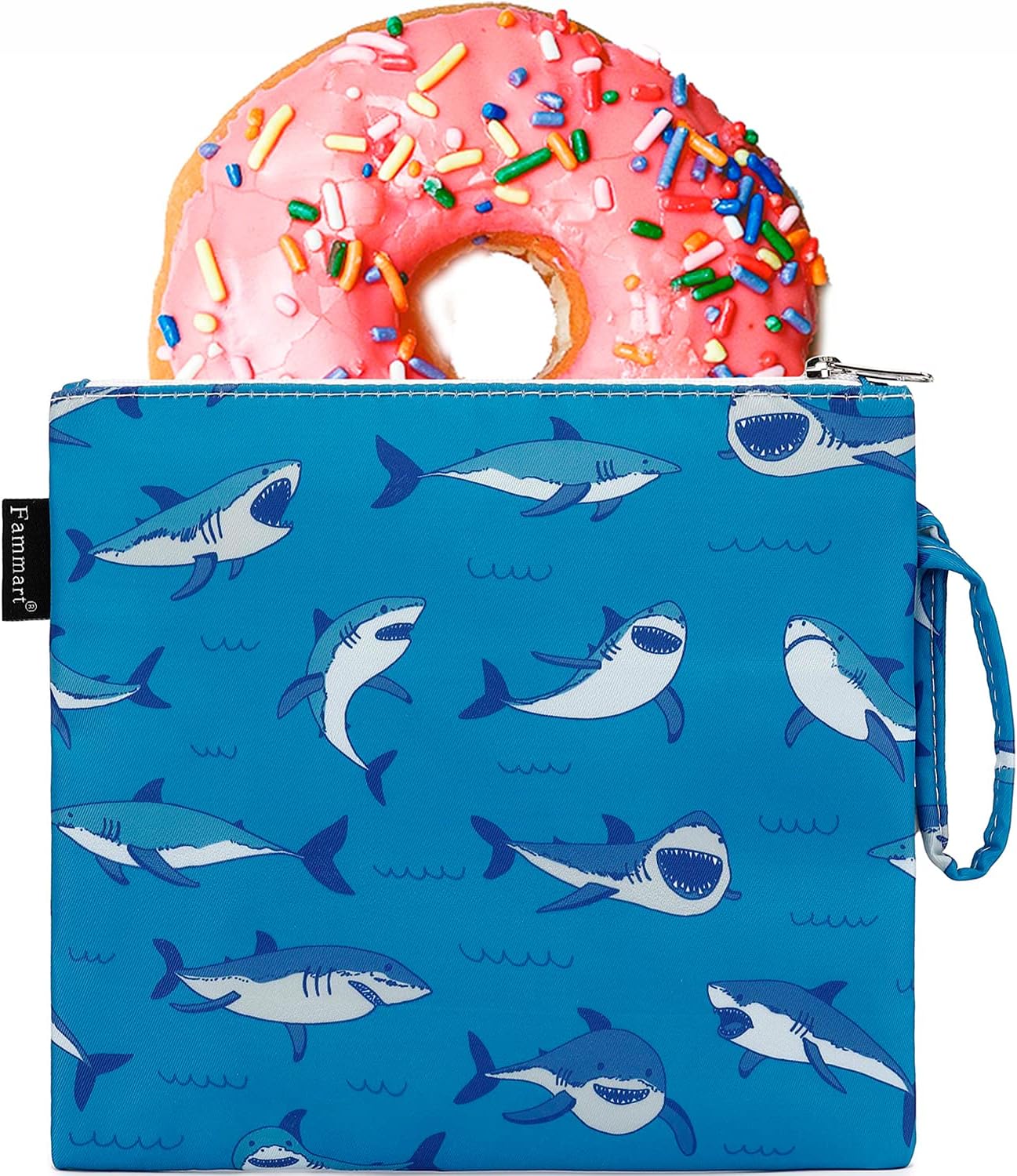 Reusable Sandwich Bag/Snack Bag for Kids & Adults, Dual Layer Lunch Bag with Handle, Cosmetic Bag Makeup Travel Bag for Women Girls, Washable, Food Safe, BPA Free (1-Pack, Shark)