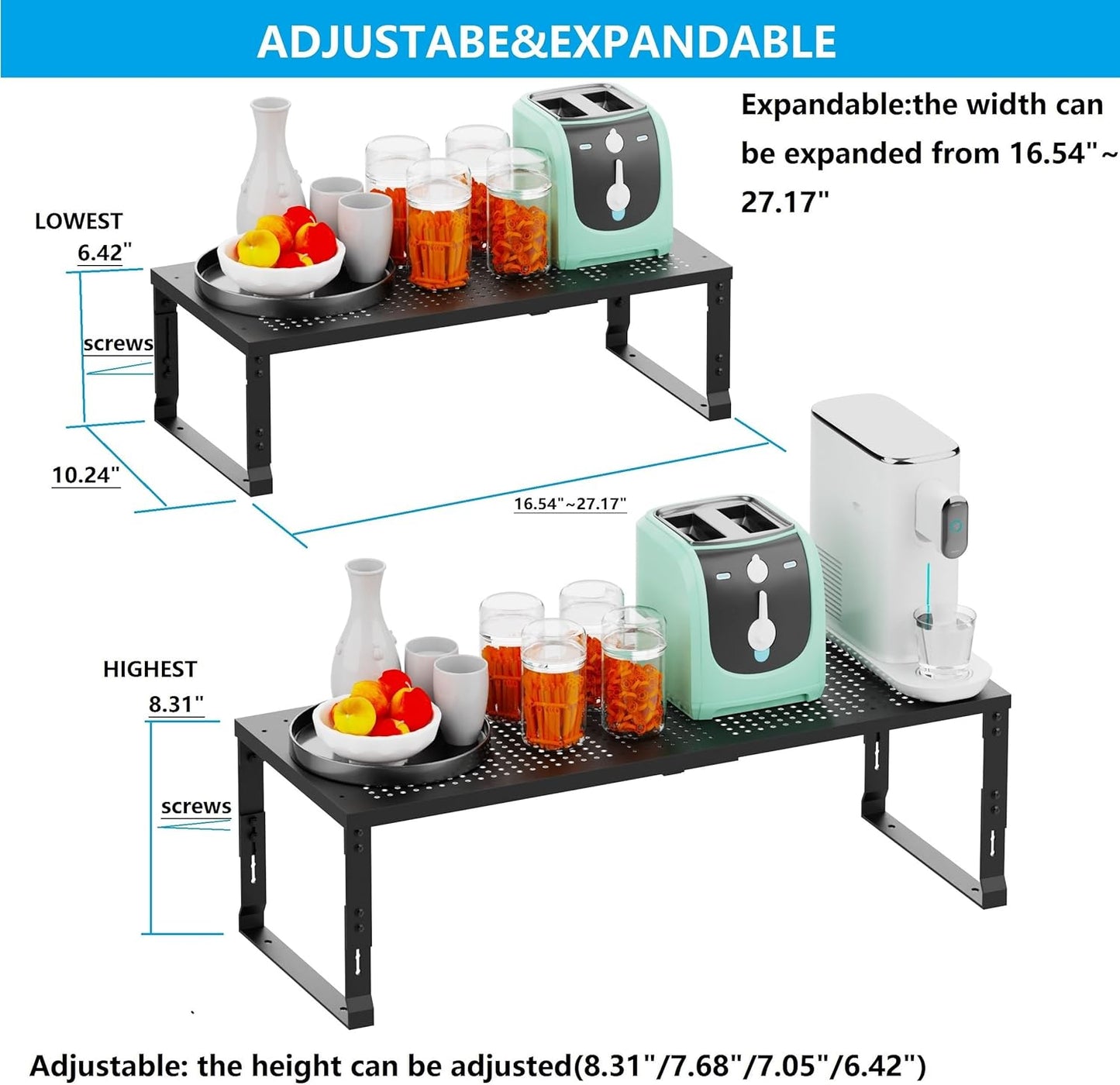 Expandable Spice Rack,Stackable Storage for Cabinet, Multi-Functional Kitchen Shelving,Height-Adjustable,Sustainable Organizer Solution(2Packs/Black/Large)