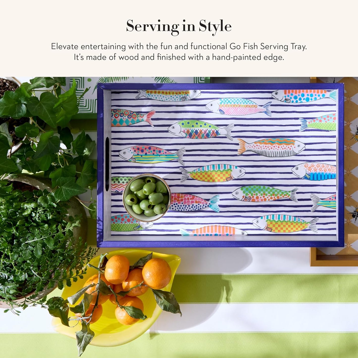 MACKENZIE-CHILDS Wooden Tray with Handles, Rectangular Tray for Serving, Go Fish