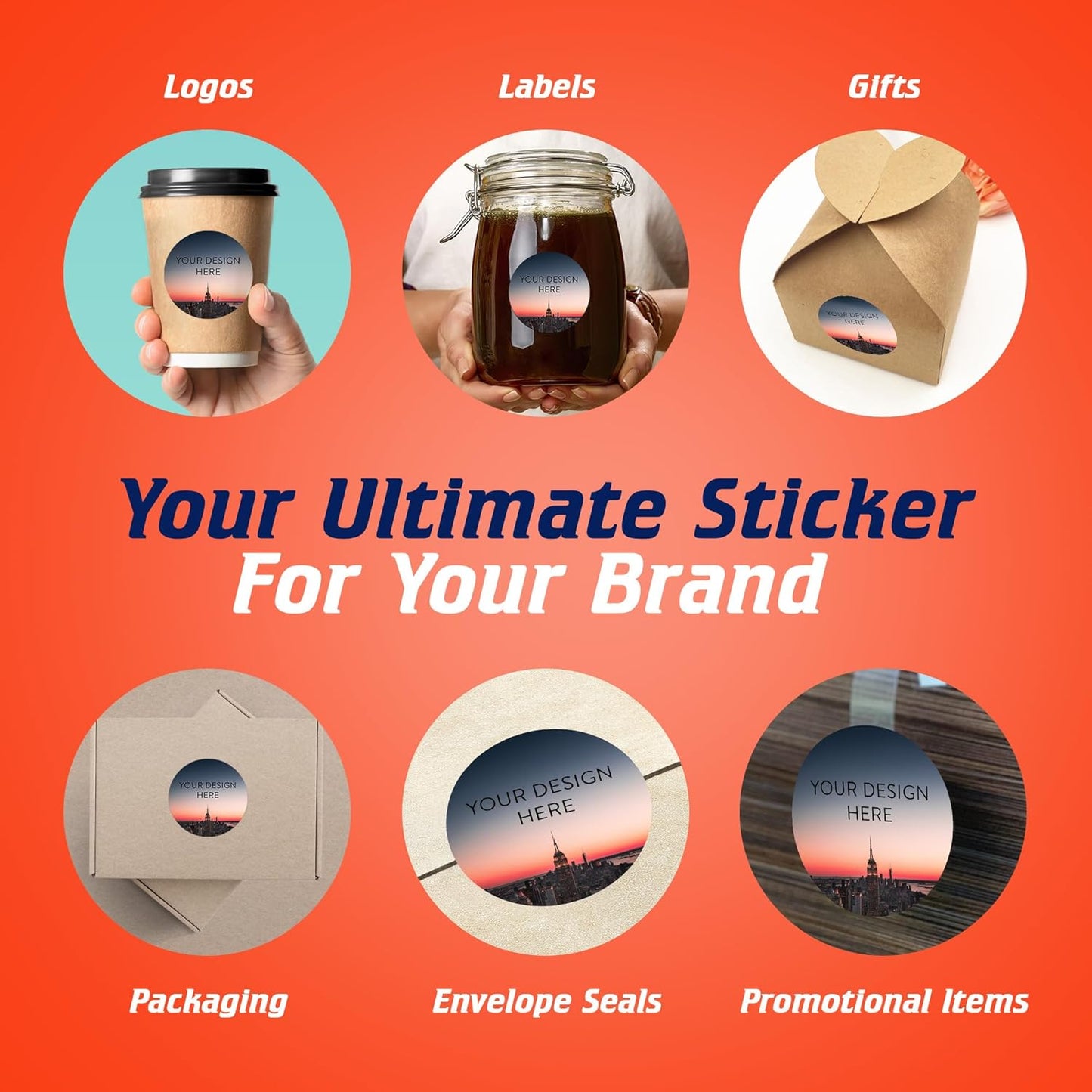 100 Custom Vinyl Stickers - Upload Your own Image, Text, Design, Logo - Personalized Logo Labels for Handmade, Packaging, Bottle, Jars, Candle, Brand Stickers (City, 2x2)