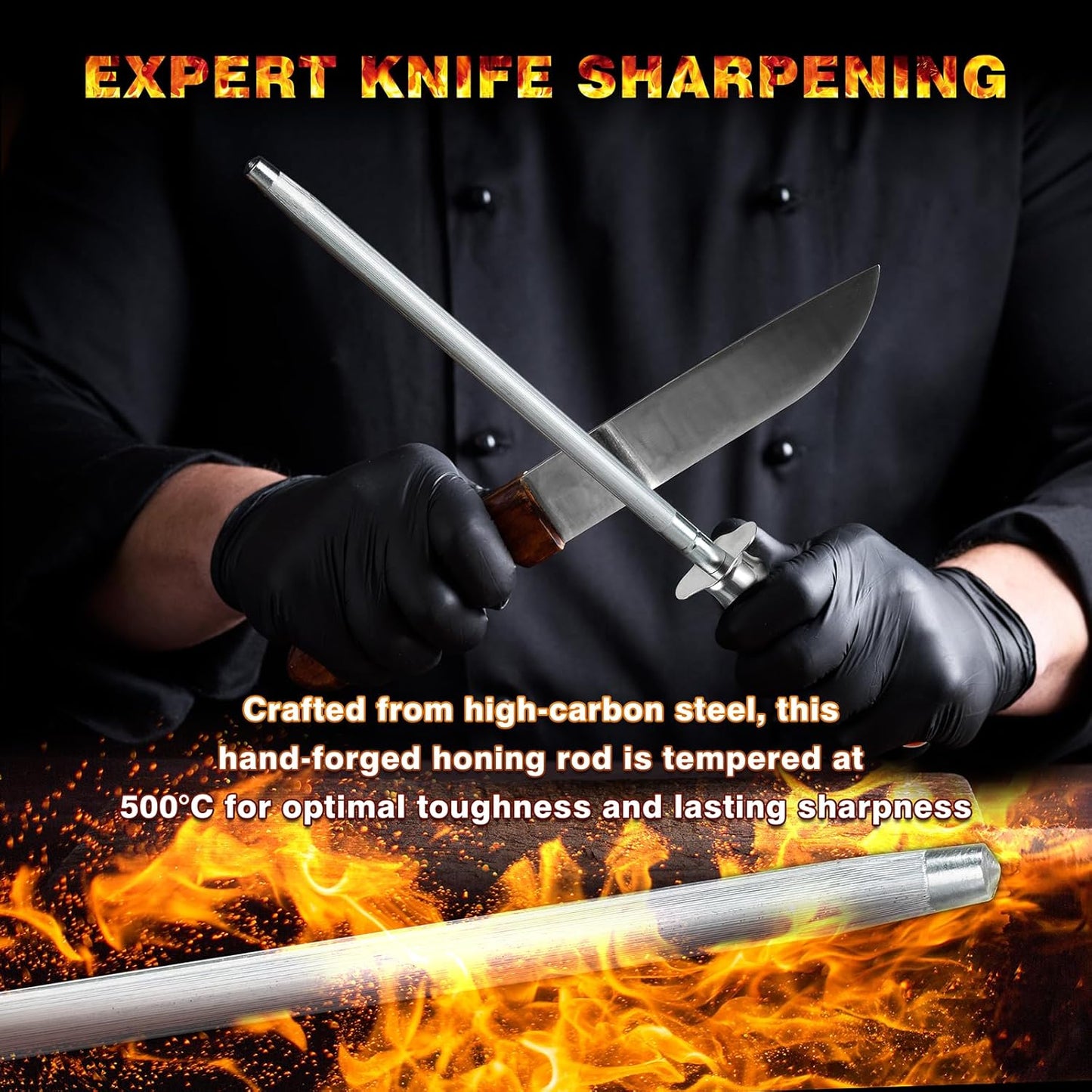 Knife Sharpener Rod, Kitchen Knives Sharpener Carbon Steel Professional Knife Sharpening Steel, Honing Rod with Hanging Holes (13 inches), N