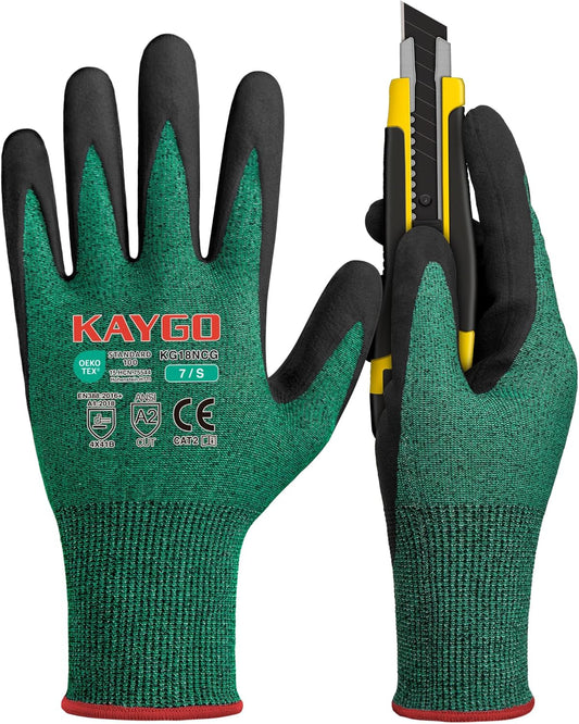 KAYGO Safety Work Gloves MicroFoam Nitrile Coated, 3 Pairs KG18N, Cut Resistant Glove with Abrasion and Oil Resistant Grip, ANSI Cut Level A2, S, Green