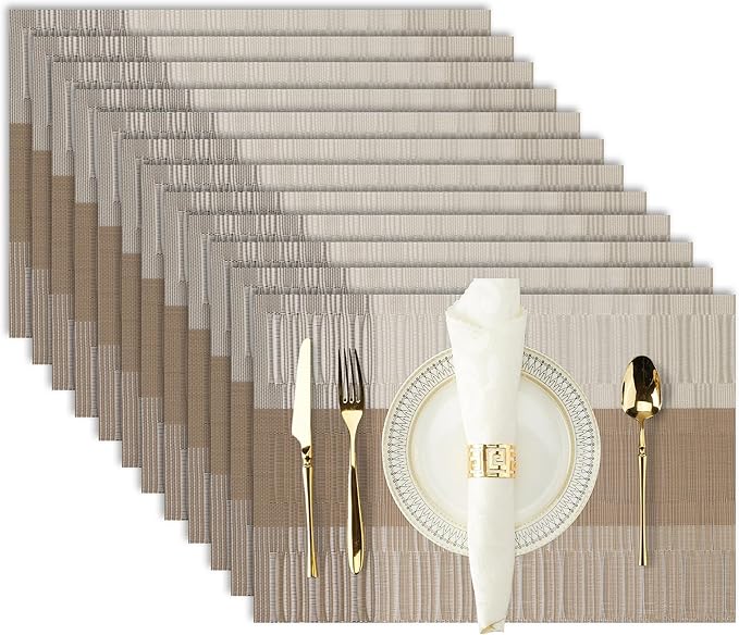Champagne Placemats Set of 12-Durable PVC Vinyl Woven Washable Place Mats for Dining Table Heat Resistant Non-Slip Indoor/Outdoor Table Mats 12 * 17 inch