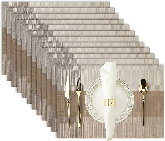 Champagne Placemats Set of 12-Durable PVC Vinyl Woven Washable Place Mats for Dining Table Heat Resistant Non-Slip Indoor/Outdoor Table Mats 12 * 17 inch