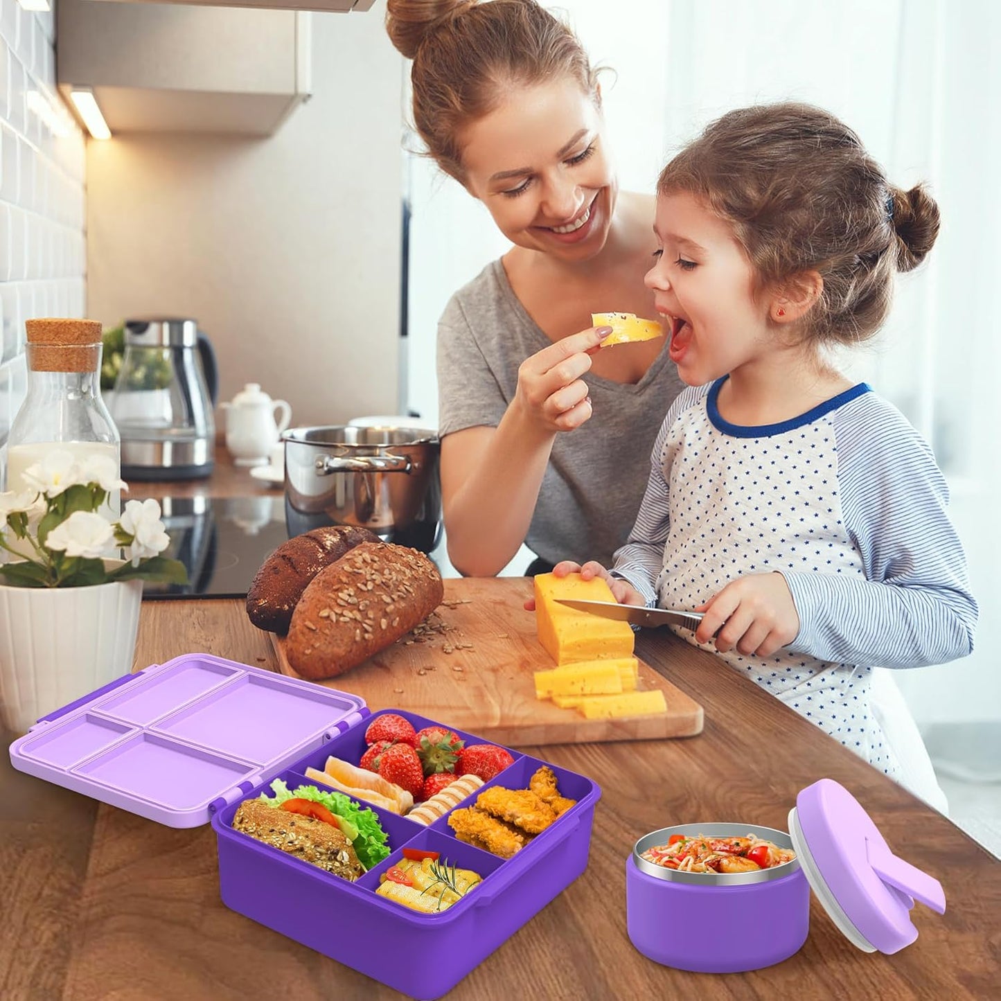 Bento Lunch Box with 8oz Soup Thermo, Kids Leakproof Lunch Food Containers with 4 Compartment, Kids Thermo Insulated Hot Food Jar for School, Trvael (Purple)