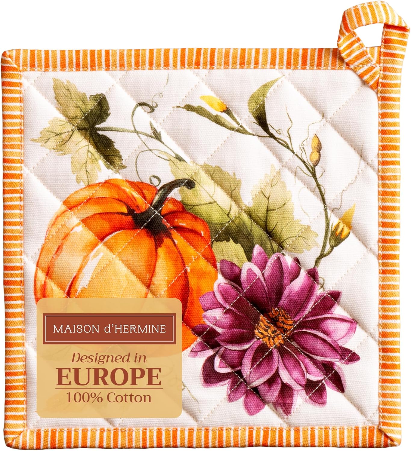 Maison d' Hermine Pot Holders 100% Cotton Heat Resistant Potholders 8" x 8" Hot Pads with Loop BBQ, Cooking, Baking, Grilling, Kitchen, Handling Hot Pans (Pack of 1, Pumpkin Garden - Cloudy Cream)