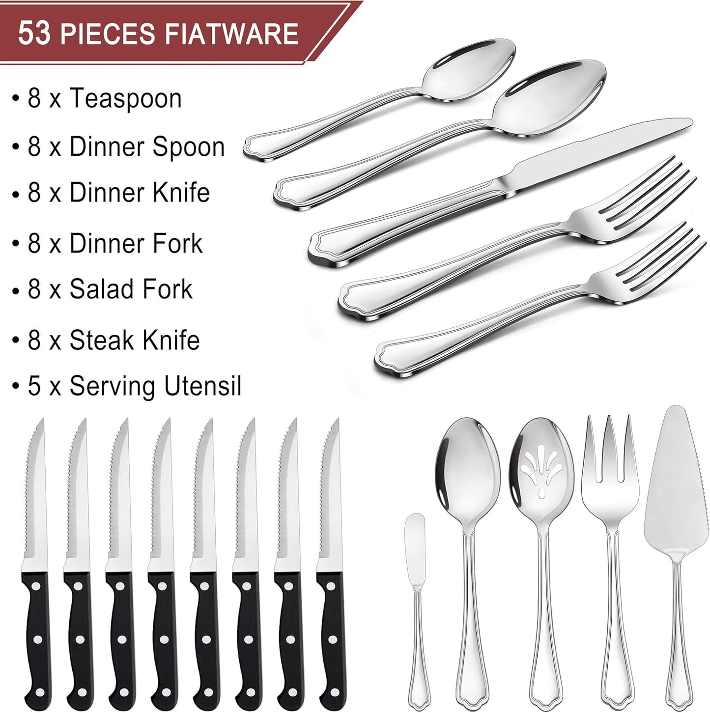 LIANYU 53-Piece Silverware Flatware Set for 8, Plus Steak Knives and Serving Utensils, Stainless Steel Flatware Cutlery Set, Eating Utensils Tableware with Scalloped Edge, Dishwasher Safe