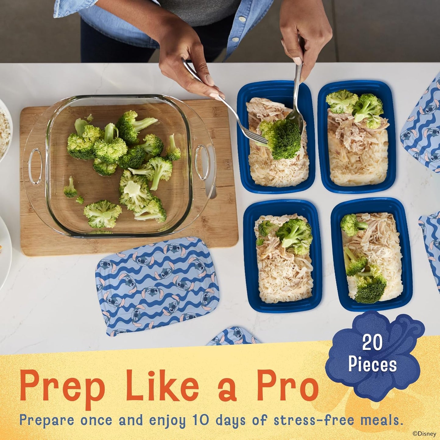 Disney Meal Prep Containers - 20-Piece Reusable Food Containers with Lids - Freezer, Microwave & Dishwasher Safe - Featuring Mickey & Minnie, Lilo & Stitch