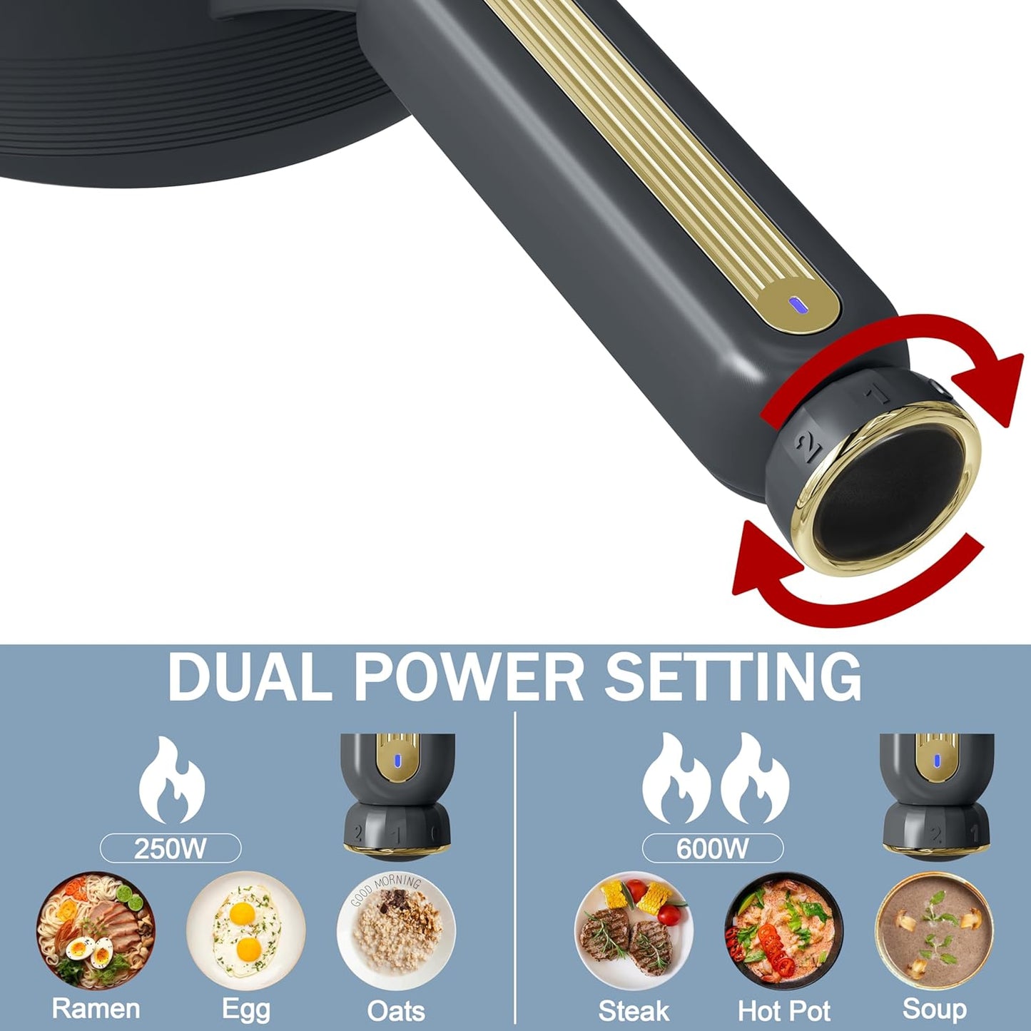 TOPWIT Hot Pot Electric, 2L Electric Pot, Non-Stick Sauté Pan, Portable Cooker for Steak, Egg, Fried Rice, Ramen, Soup with Dual Power Control (Silicone Spatula Included), Grey