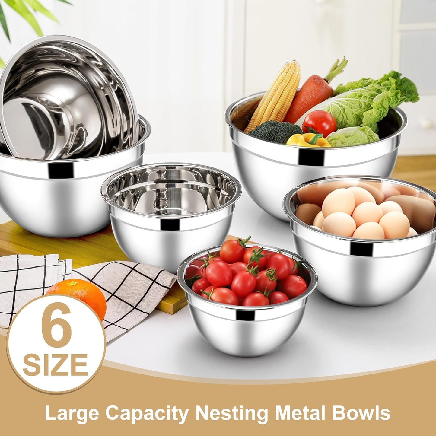 E-far Mixing Bowls with Lids, 12-Piece Stainless Steel Salad Bowls Metal Nesting Bowls for Baking Cooking and Prepping, Airtight Lids & Stackable Design, Size 7, 4.5, 3, 1.5, 1.2, 0.7 QT (Khaki)