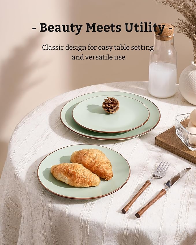 Famiware Venus Ceramic Plates and Bowls Sets, Speckled Dinnerware Dish Sets for 8 (24 Pieces) - Microwave and Dishwasher Safe, Matte Light Green