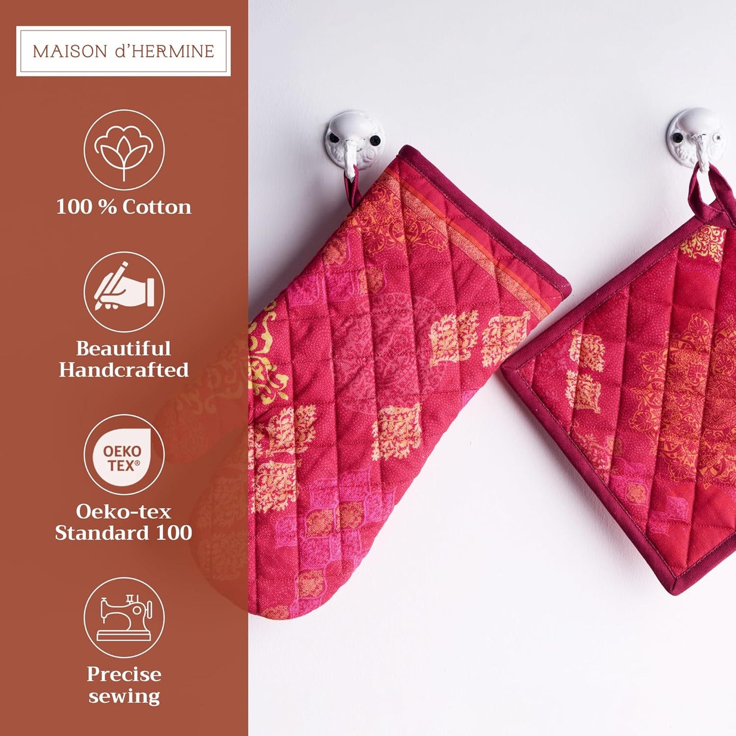 Maison d' Hermine 100% Cotton Oven Mitt & Pot Holder Set (7.5"x13" & 8"x8") Heat Resistant BBQ Cooking Gloves with Loop, Baking, Grilling, Kitchen, Handling Hot Pans (Versailles)