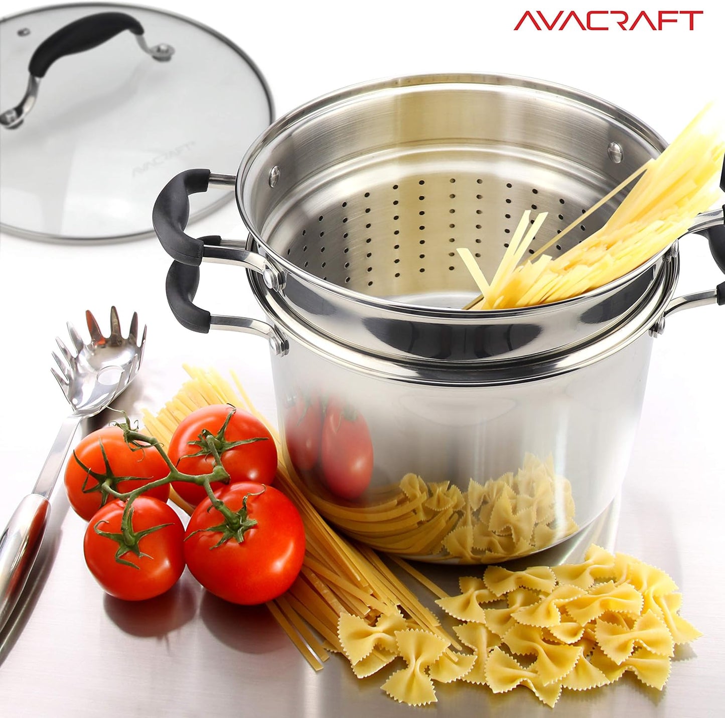 AVACRAFT 18/10 Stainless Steel, 4 Piece Pasta Pot with Strainer Insert, Stock Pot with Steamer Basket and Pasta Pot Insert, Pasta Cooker Set with Glass Lid, 7 Quart