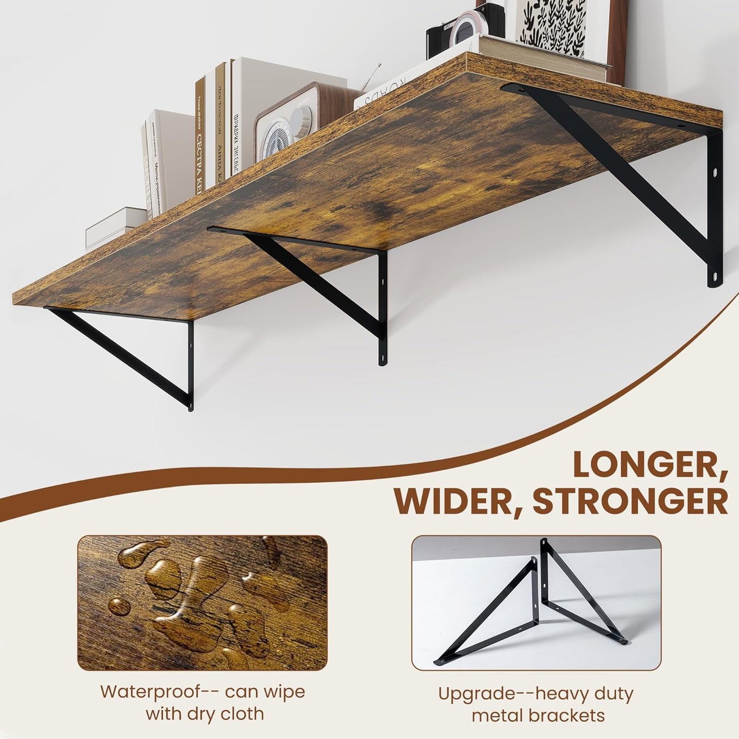 Heimlove Deep Floating Shelves for Wall, 48W x 12D Wood Wall Shelves Set of 2, Wide Floating Bookshelf for Living Room, Kitchen, Office, Bedroom and Decor Storage, with Metal Bracket - Rustic Brown