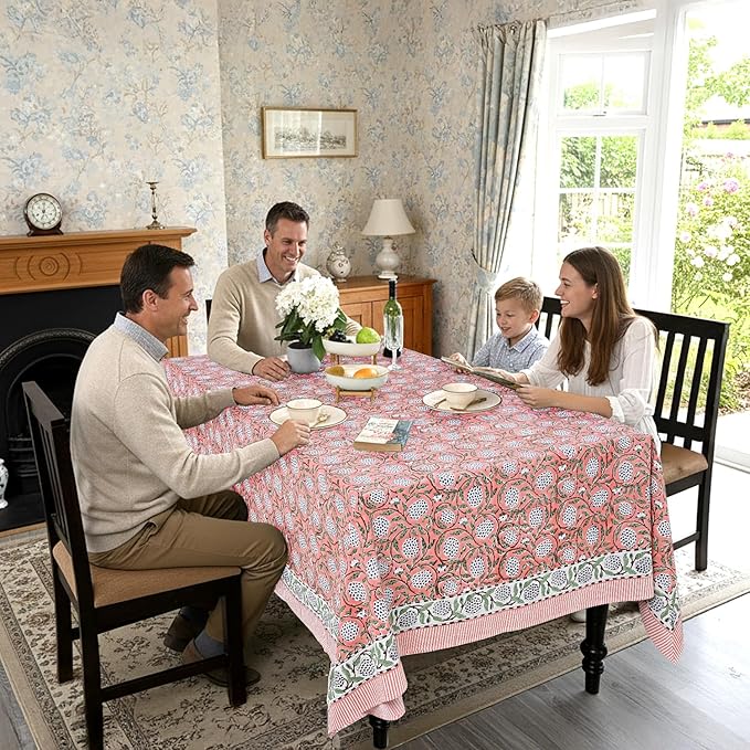Ridhi Dark Salmon Pink 80 x 120 Inches Rectangular Cotton Washable Tablecloth, Hand Block Print Floral, for Kitchen, Dining, Spring, Easter, Wedding, Birthday, Bridal