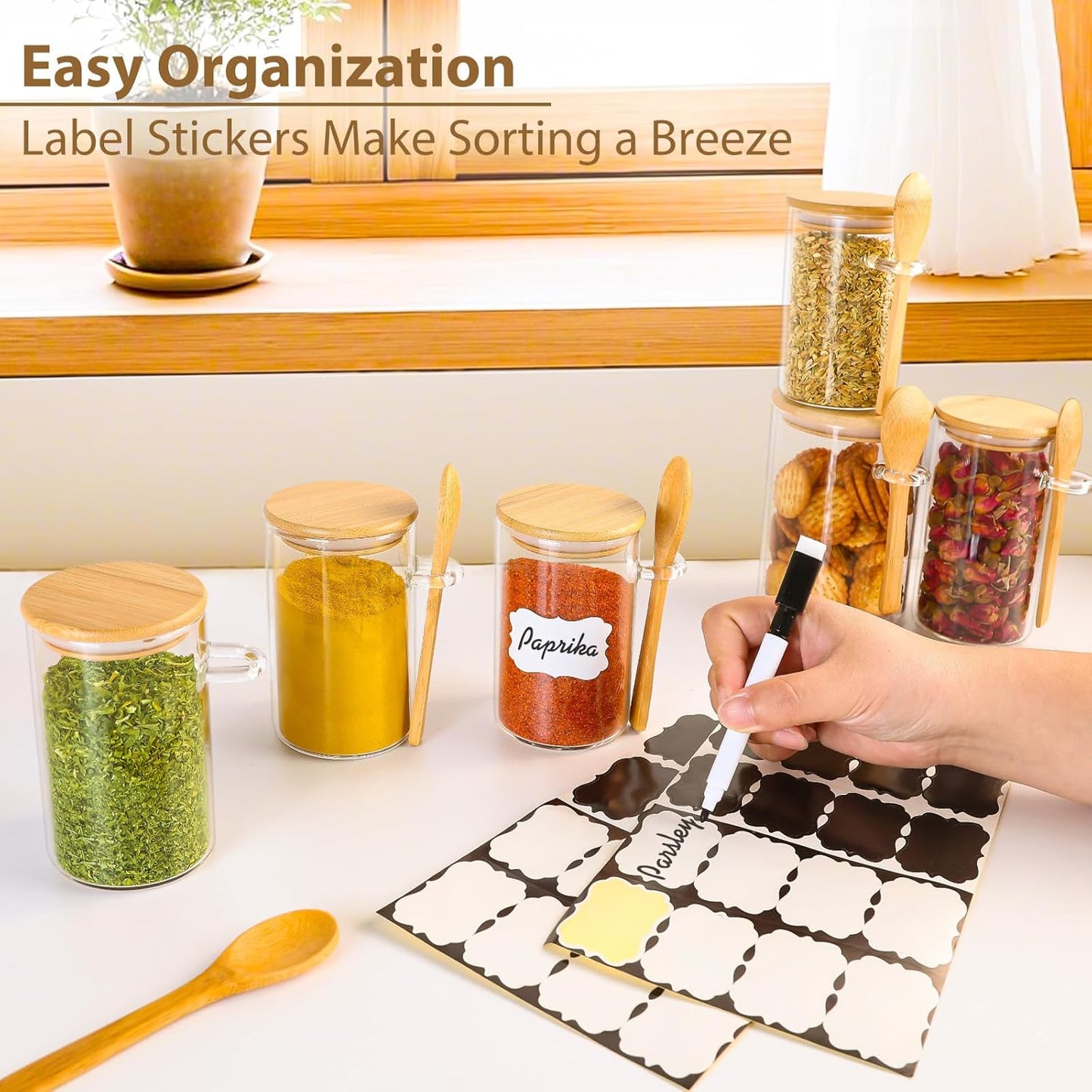 12 Pack 8 oz Round Glass Spice Jars with Lids and Spoons – Airtight Small Spice Containers Set with Labels, Clear Glass Storage Jars for Seasoning, Spices, Kitchen Pantry Organization