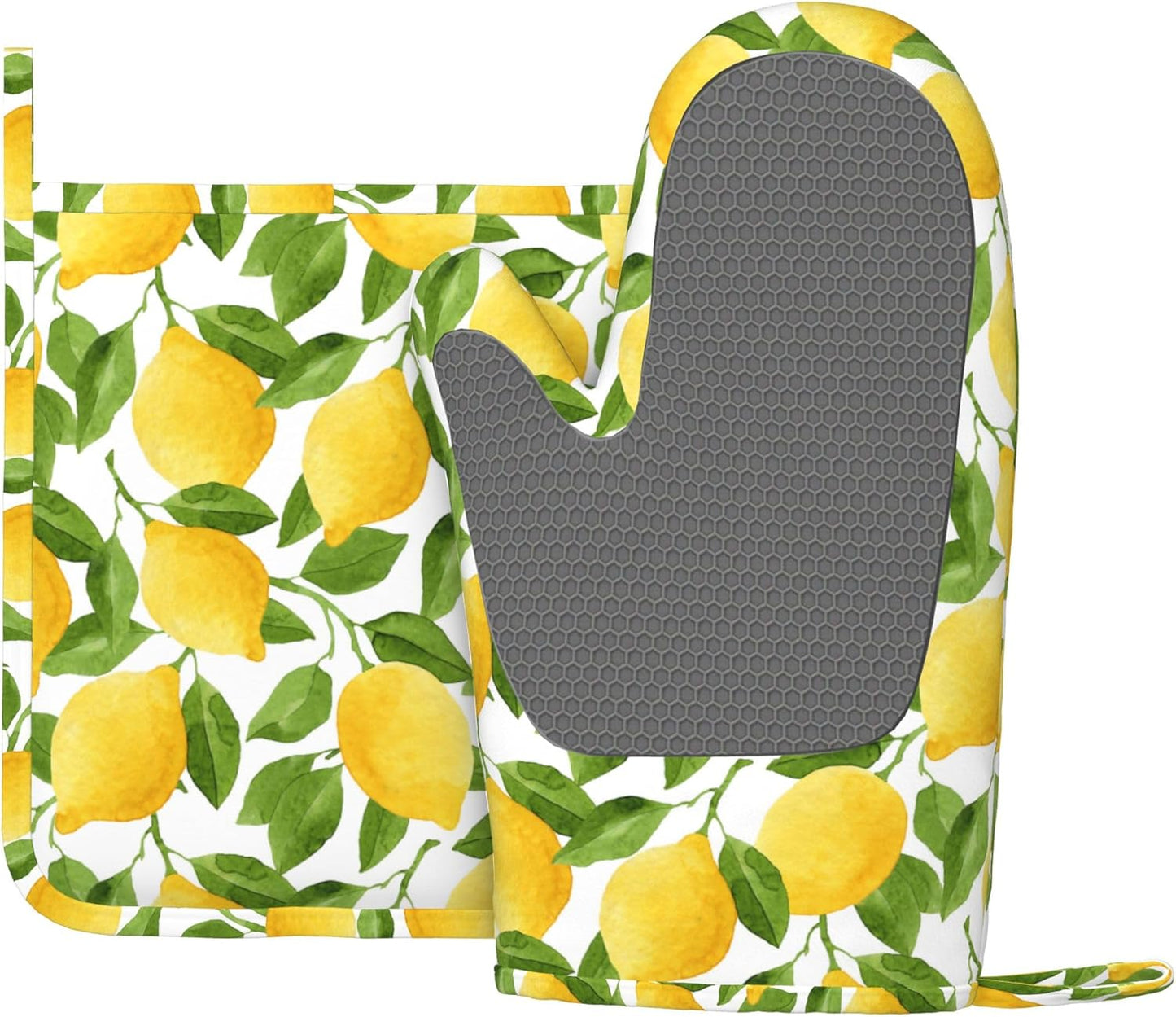Lemon Oven Mitts and Pot Holders Sets of 4,Resistant Hot Pads with Silicone Non-Slip BBQ Gloves for Kitchen,Cooking,Baking,Grilling