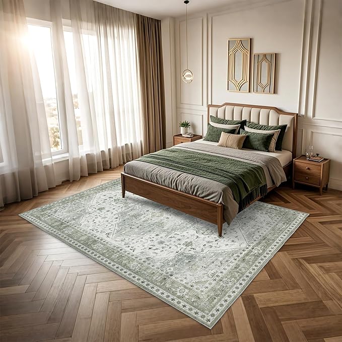 Area Rug for Living Room - Indoor Vintage Machine Washable Rug for Bedroom Dinning Room Office - Floor Carpet Non-Slip Backing Rugs Floral Soft Low-Pile (Sage Green, 5' × 7')