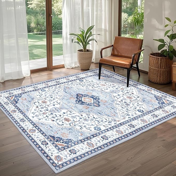 Area Rug for Living Room - Vintage Indoor Machine Washable Rug for Bedroom Dinning Room Floor - Soft Low-Pile Carpet Non-Slip Backing Floral Rugs for Office (Blue/White, 5' × 7')