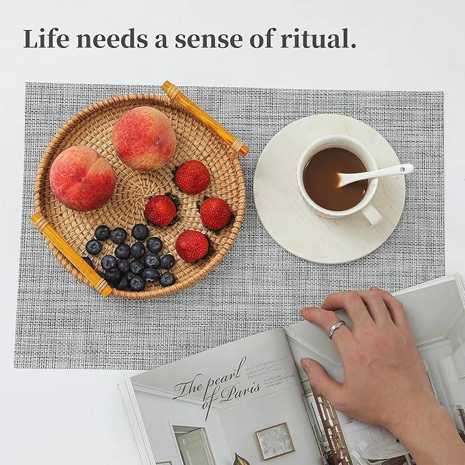 Leetaltree Linen Grey Placemats Set of 8 - Heat Resistant Non-Slip Place mats for Dining Table, Washable Durable PVC Vinyl Woven Table Mats（Linen Grey, 8）