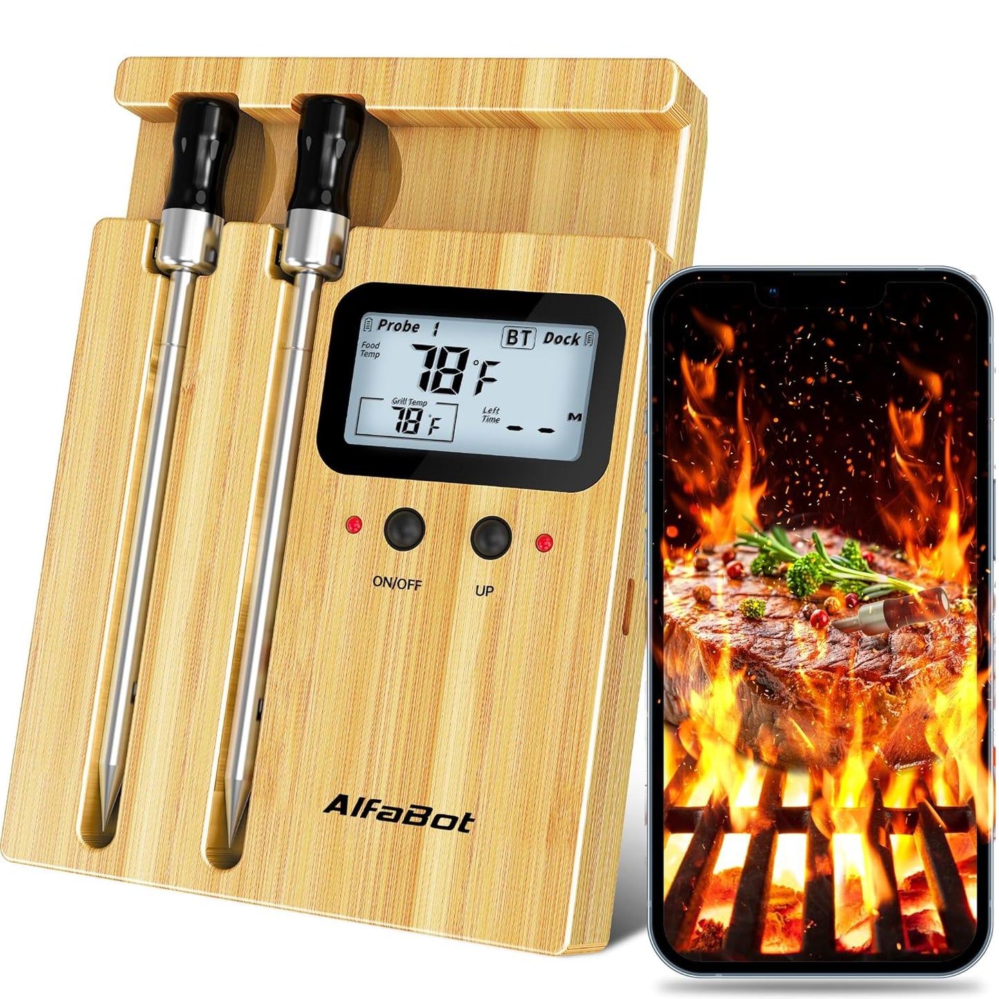 AlfaBot Wireless Meat Thermometer with 2 Meat Probes, 520 FT Bluetooth Meat Thermometer with Digital Food Thermometer for Remote Monitoring of BBQ Grill, Oven