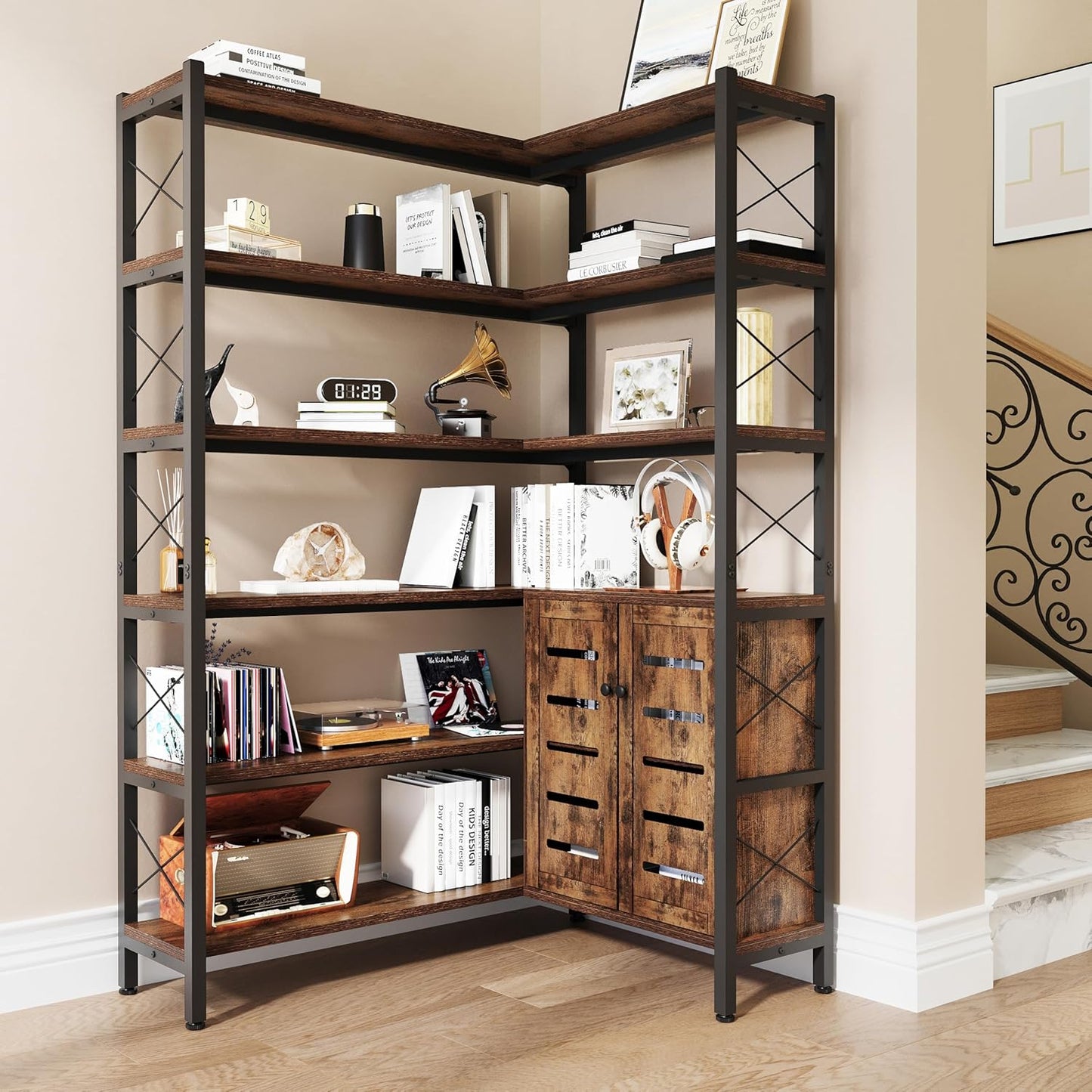 6-Shelf Corner Bookshelf, Vintage Industrial Corner Shelf Etagere Bookcase, Large Book Shelf with Metal Frame Open Storage Corner Cabinet (Brown-Lockers)