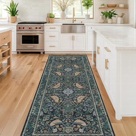 Boho Vintage 2'6"x8' 8ft Hallyway Long Runner Rug - Non Slip Washable Front Door Rug Indoor Entrance, Kitchen, Bathroom, Low Pile & Soft Woodland Floral Kitchen Floor Mats