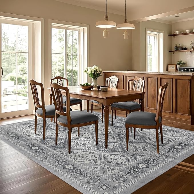 Area Rug for Living Room - Vintage Indoor Machine Washable Rug for Bedroom Dinning Room Floor - Soft Low-Pile Carpet Non-Slip Backing Floral Rugs for Office (Grey, 8' × 10')