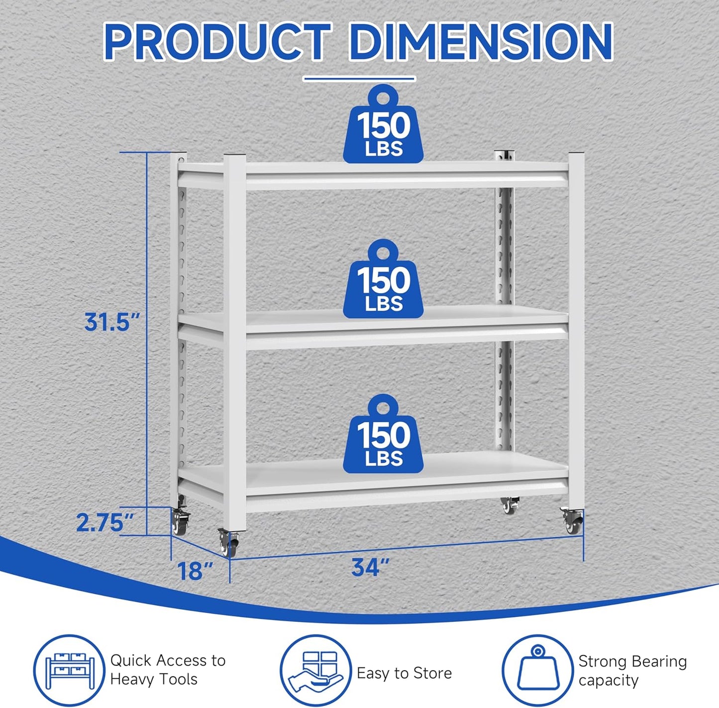 34''W Garage Heavy Duty 3-Tier Adjustable Storage Rack, Steel Shelving with Wheels,Pantry,Kitchen, Office, Closet and Garage Shelves, Easy to Assemble- White