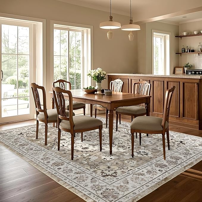 Area Rug for Living Room - Vintage Indoor Machine Washable Rug for Bedroom Dinning Room Floor - Soft Low-Pile Carpet Non-Slip Backing Floral Rugs for Office (Ivory/Beige, 9' × 12')