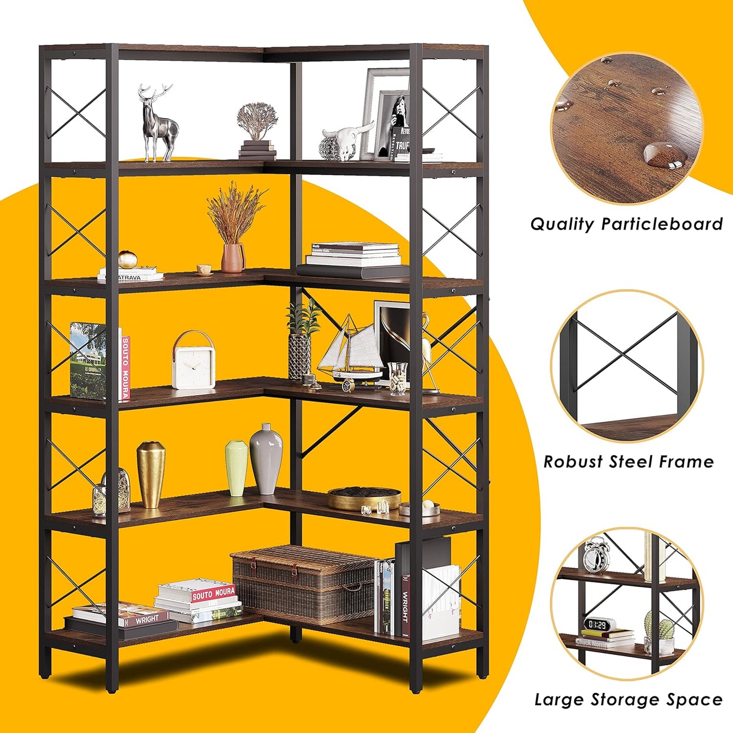 6-Shelf Corner Bookshelf, Vintage Industrial CornerBookshelf Etagere Bookcase, Large Book Shelf with Metal Frame Open Storage Corner Cabinet for Living Room Home Office（Retro Brown）