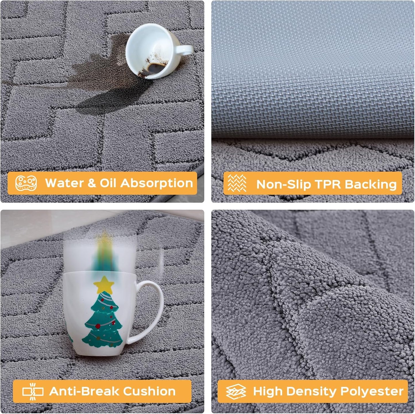 Machine Washable Kitchen Rugs 24" x 70", Non-Slip Kitchen Runner Rugs Mats for Floor, Absorbent Comfort Standing Mats for Kitchen, Sink, Laundry and Hallway, Rolled Packaging, Grey