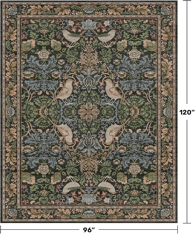 Dark Living Room Rug 8x10 - Large Washable Floral Area Rugs for Dining Room Under Table, Bedroom, Office, Birds and Leaves Nature Design, Non-Slip Low Pile (Dark Green/Brown)