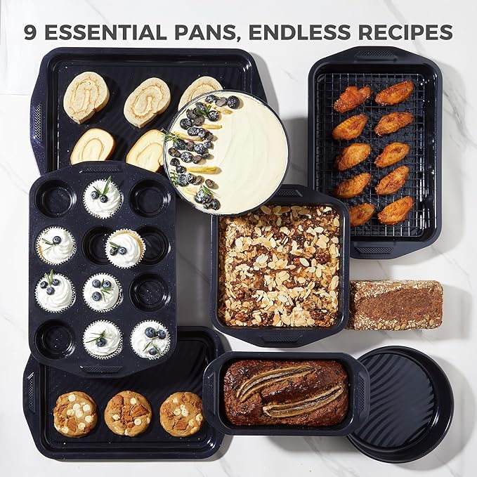 HONGBAKE 9-Piece Baking Pans Set with Wave Texture for Reduced Oil, 0.8mm Thick Bakeware Sets Non Stick, Includes Stackable Cookie Sheets for Oven Cooking, Cake Pan, Muffin Pan, Loaf Pan, Rack, Blue