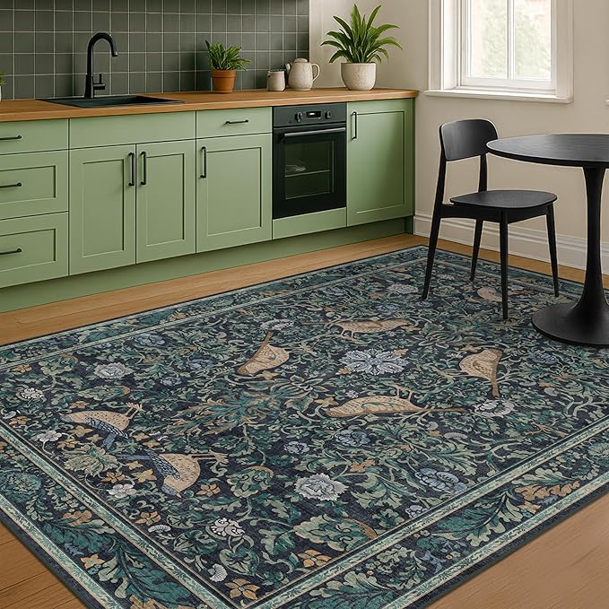 Cottagecore 5x7 Blue Rugs for Bedroom, Washable Forest Area Rug for Dining Room Under Table, Carpet for Living Room, Non Slip & Low Pile Soft Rug (Navy Blue & Deep Teal)