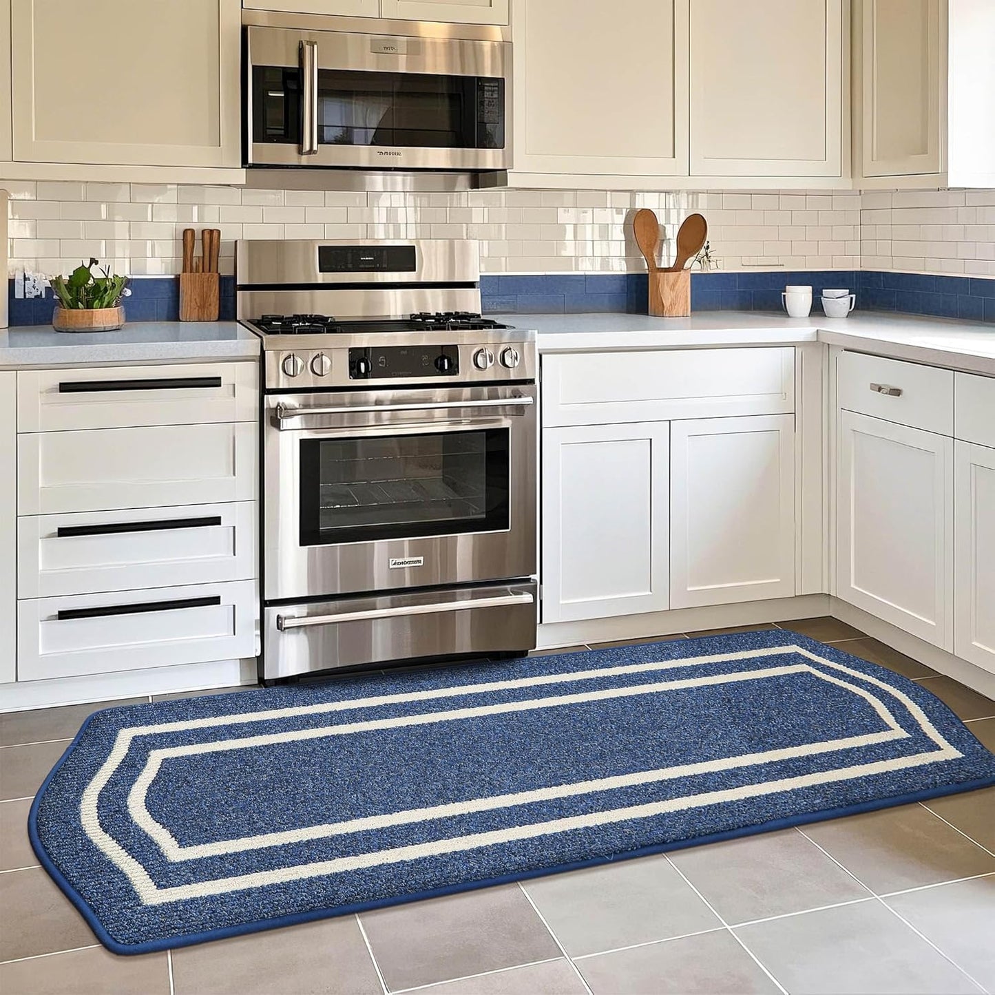 COSY HOMEER Long Kitchen Floor Mats for in Front of Sink Super Absorbent Kitchen Rugs and Mats 24"x79" Non-Skid Kitchen Mat Standing Mat Washable,Polypropylene,Blue,Frame