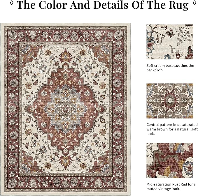 Area Rug for Living Room - Vintage Indoor Machine Washable Rug for Bedroom Dinning Room Floor - Soft Low-Pile Carpet Non-Slip Backing Floral Rugs for Office (Brick/Ivory, 8' × 10')