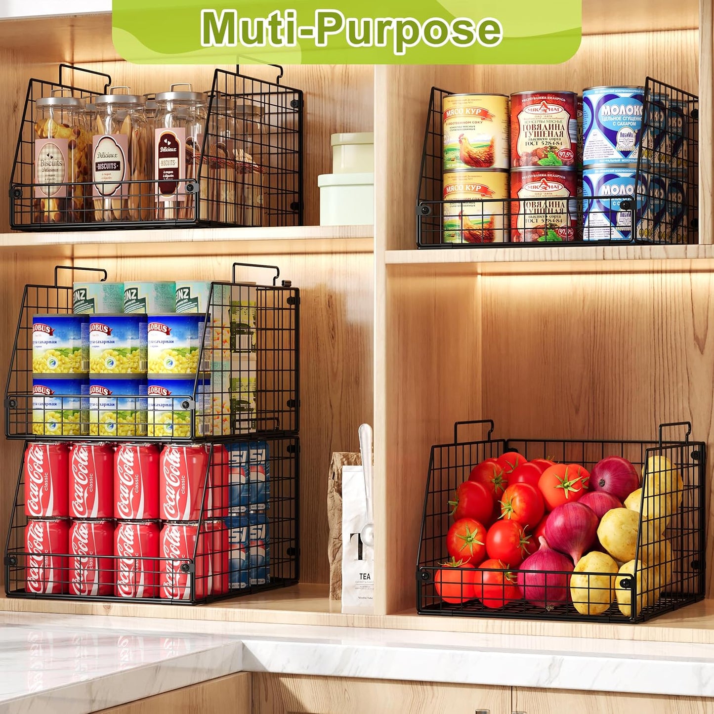 5 Pack XXL Stackable Wire Storage Basket, Extra Large Capacity Pantry Organizer and Storage, Muti-Purpose for Fruit Vegetable Basket & Toy Bin & Snack Organizer