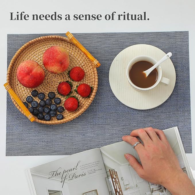 Leetaltree Denim Blue Placemats Set of 4 - Heat Resistant Non-Slip Place mats for Dining Table, Washable Durable PVC Vinyl Woven Table Mats（Denim Blue, 4）