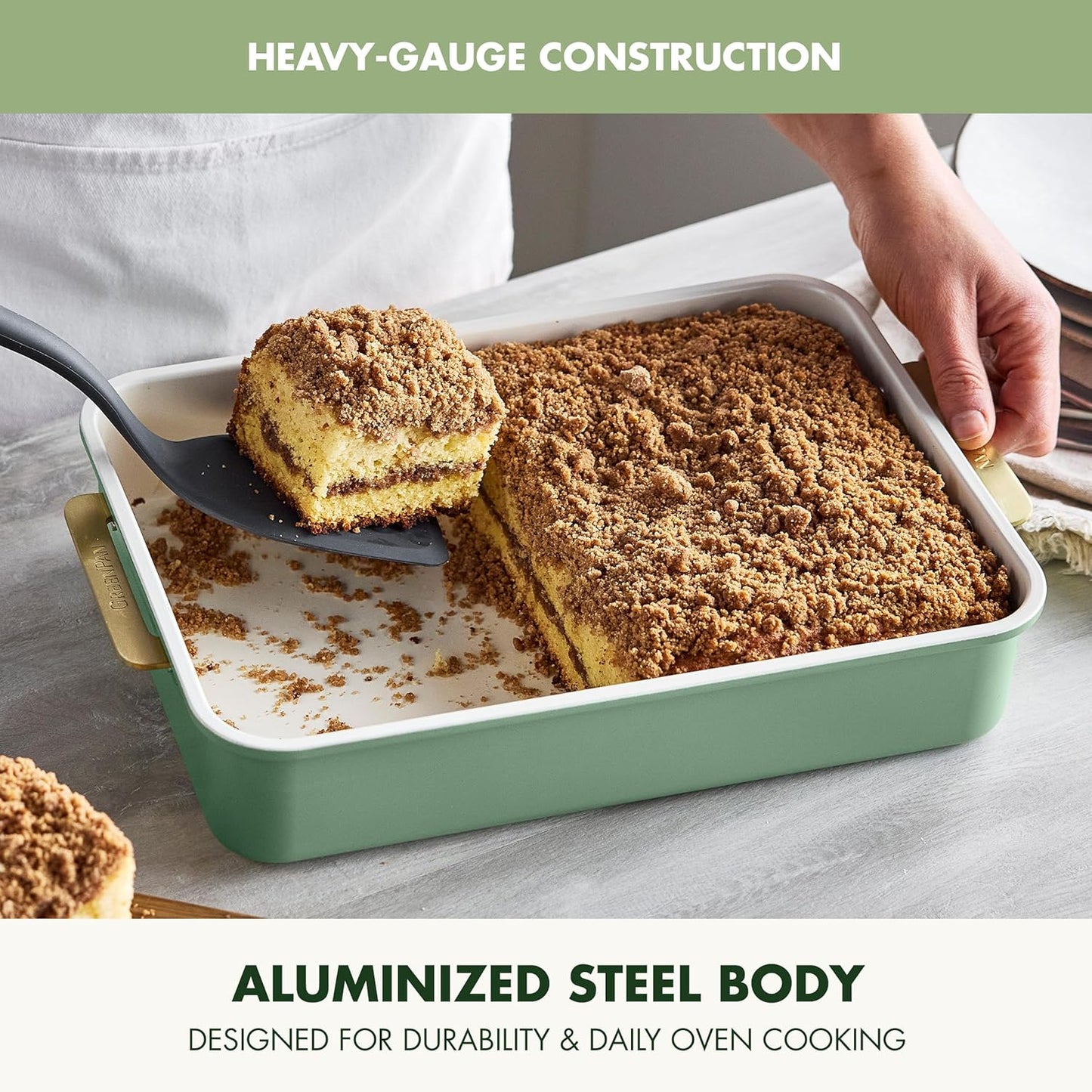 GreenPan Bakeware Rectangular Cake Pan, Ceramic Nonstick Baking Pan, PFAS & BPA Free, Gold Handles, Durable Steel, Freezer to Oven Dish, Scratch Resistant, Bake & Roast Ovenware, Sage Green