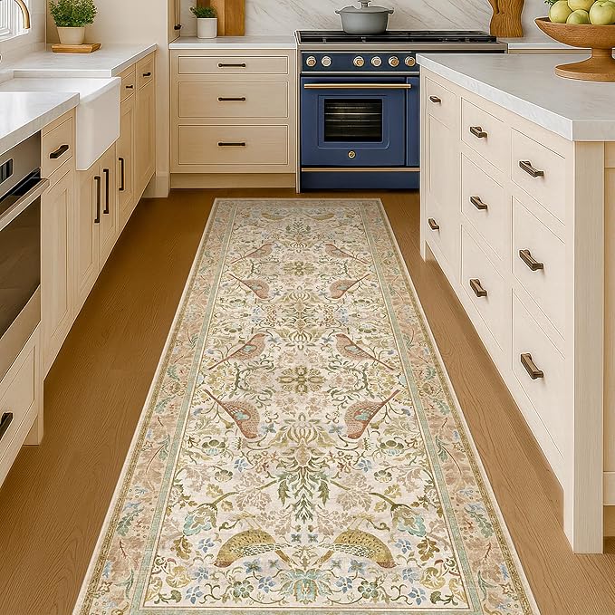 2'6"x8' Long Hallway Runner Rug - Vintage Botanical Wide Runners for Kitchen Bedroom Hall Way, Washable Non Slip with Rubber Backing, Beige Floral Décor