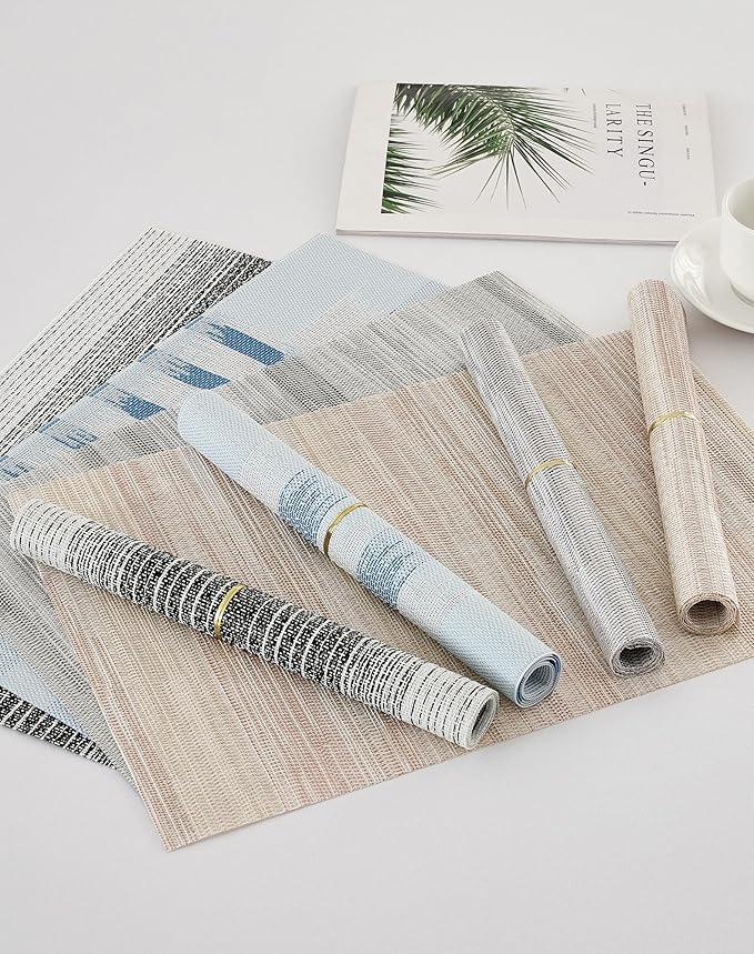 Leetaltree Lightsteel Beige with Yellow Placemats Set of 6 - Heat Resistant Non-Slip Place mats for Dining Table, Washable Durable PVC Vinyl Woven Table Mats (Lightsteel Beige with Yellow, 6)