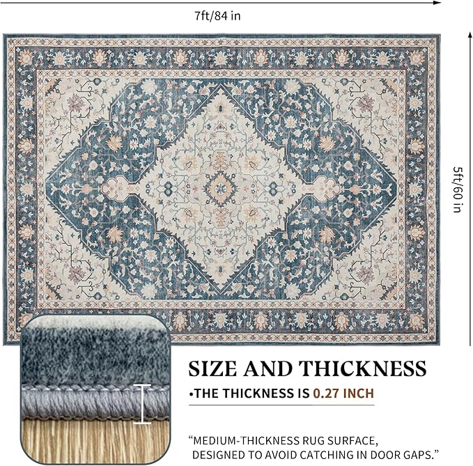 Area Rug for Living Room - Vintage Indoor Machine Washable Rug for Bedroom Dinning Room Floor - Soft Low-Pile Carpet Non-Slip Backing Floral Rugs for Office (Blue/Cream, 5' × 7')