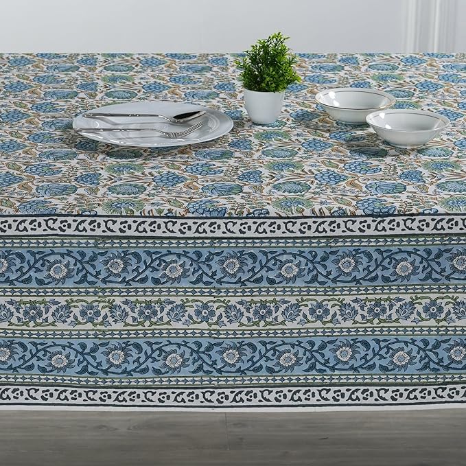 Ridhi Asparagus Green Hand Block Print Cotton Rectangle Tablecloth 160 x 72 inch-Reusable Table Cover Decorative Everyday Use for Dining Room, Farmhouse, Thanksgiving, Christmas Wedding, Fall