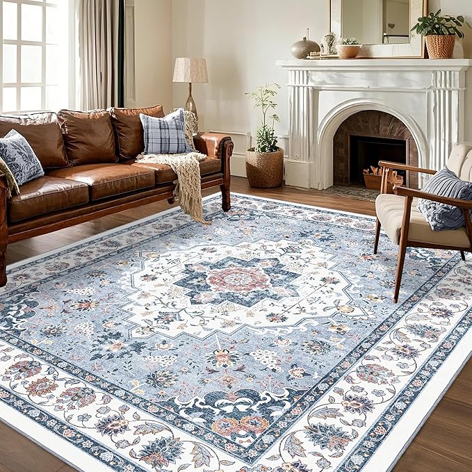 Area Rug for Living Room - Vintage Indoor Machine Washable Rug for Bedroom Dinning Room Floor - Soft Low-Pile Carpet Non-Slip Backing Floral Rugs Office (Blue White, 8' × 10')